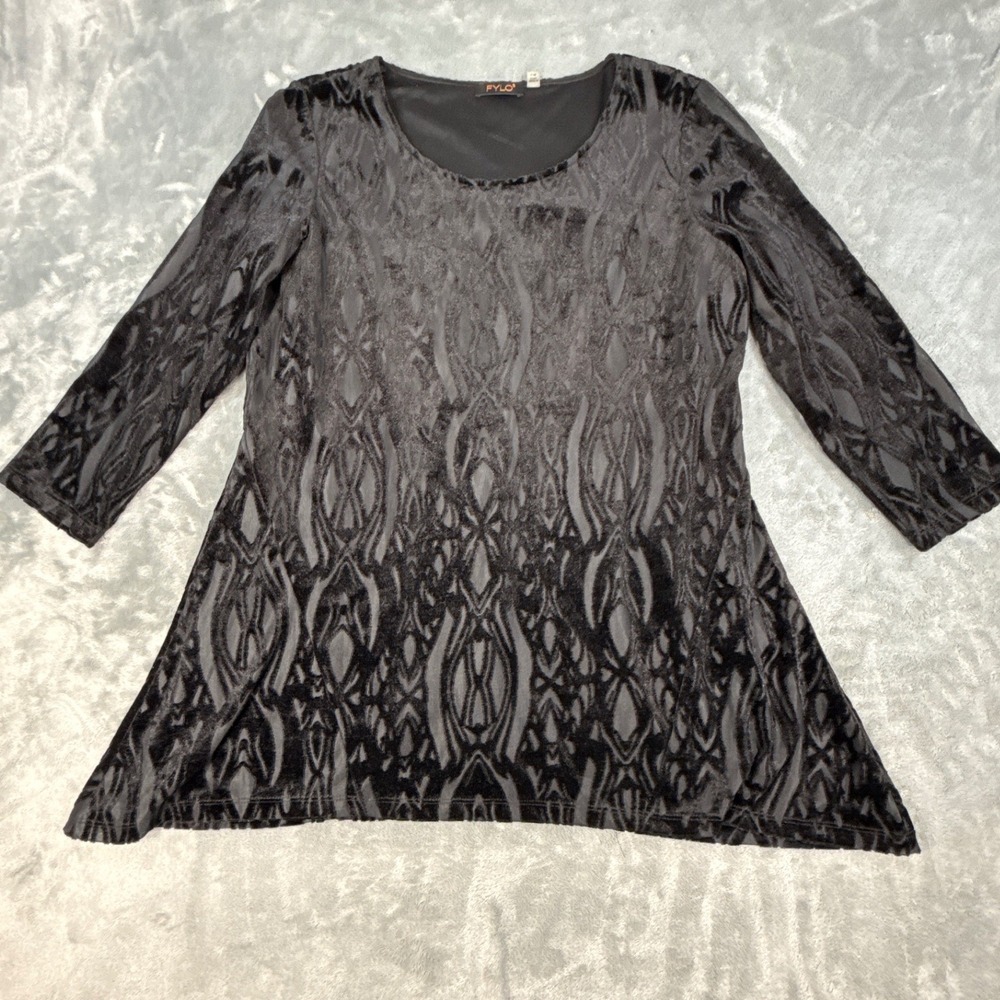 FYLO Black Burnout Velvet Tunic Top 3/4 Sleeve Abstract Damask Shirt Large